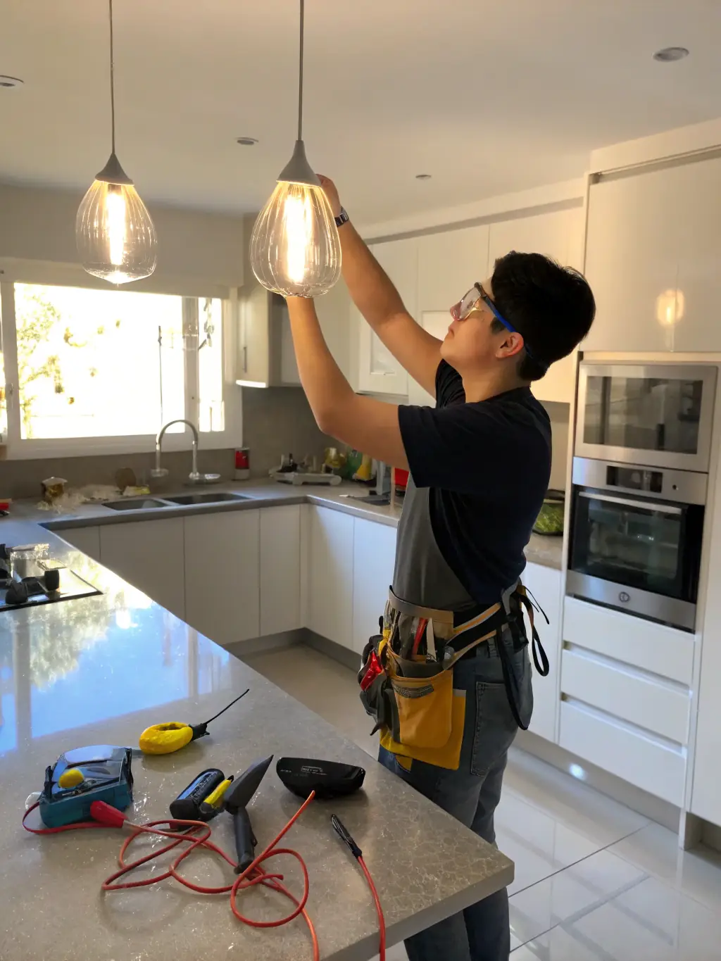 A kitchen remodel in progress, with T&G Electric LLC electricians installing new wiring and lighting fixtures, highlighting their expertise in home addition and remodel electrical services.